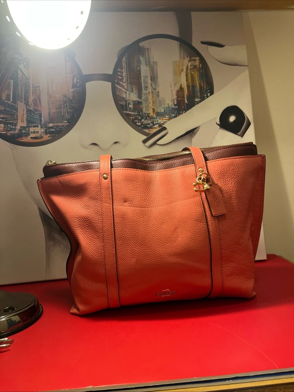 Coach Coral Pink Pebbled Leather Shoulder Bag with Gold Logo